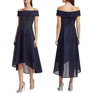 TERI JON Off-The-Shoulder Floral Beaded Lace High-Low Mesh Cocktail Dress